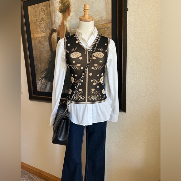 Chanel Top Black/Brown Tan Camelia Design Size 36/ US 4-6. - Picture 8 of 15